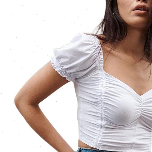 

women new square neck fold t shirt summer fashion short puff sleeve cropped pleated wrap slim t shirts, White