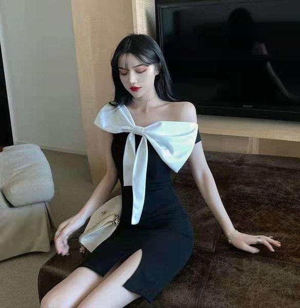 

women's swimwear 2021 socialite bow side shoulder slim forked bag hik dress sweet black sexy, White;black