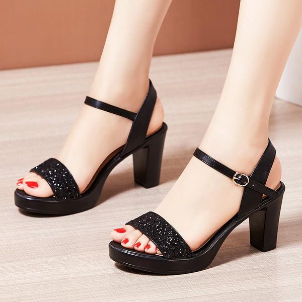 

sandals 2021 summer leather mid-heel thick heel waterproof platform women's shoes rhinestone high heels large size, Black