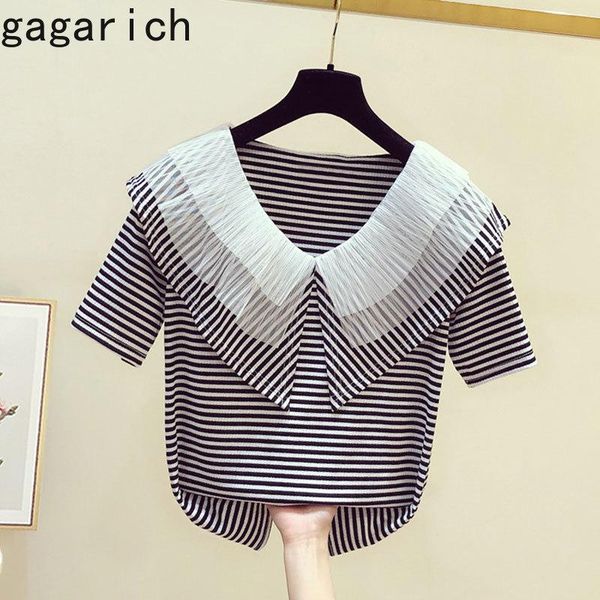 

women's t-shirt gagarich woman chic t-shirts 2021 summer ins fashion mesh stitching stripe ruffles slim versatile doll collar female sh, White