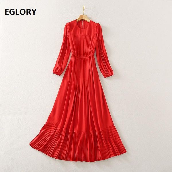 

casual dresses red black long dress 2021 spring summer runway style women o-neck pleated patchwork sleeve elegant maxi for party, Black;gray