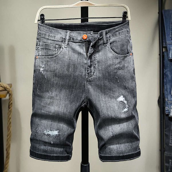 

summer thin perforated denim shorts men's fashion casual cool capris elastic youth pants, Blue
