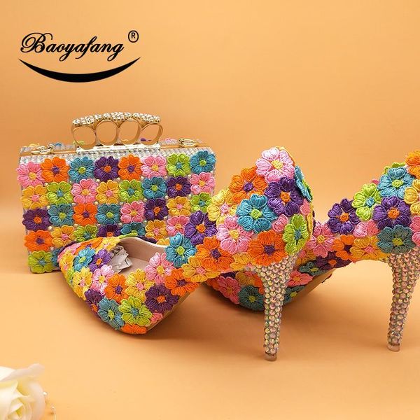 

dress shoes baoyafang womens wedding with matching bags pointed toe multicolored flower and bag sets thin heel, Black