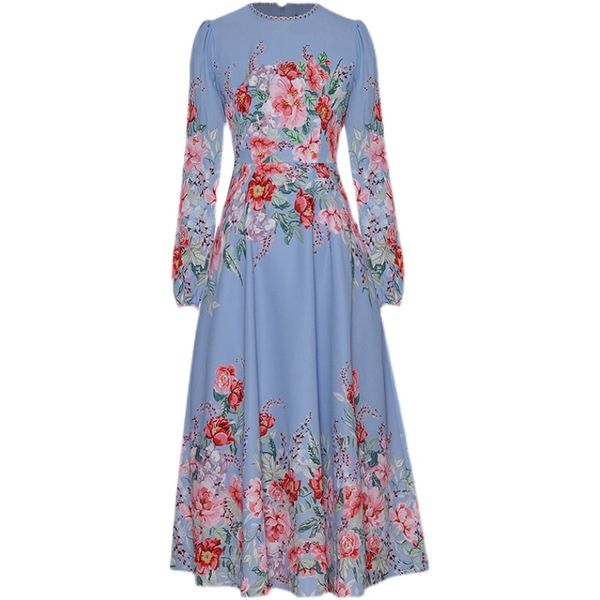 

round neck lantern long sleeve heavy industry beads diamond waist-controlled large hem mid-length printed dress 2021 early autumn new, Black;gray