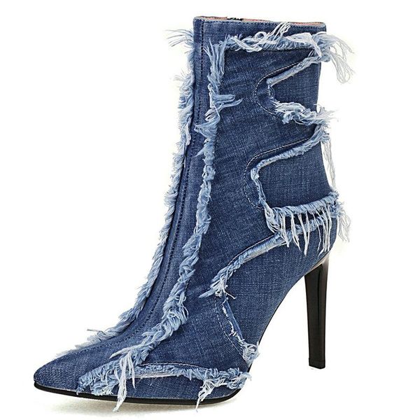 

boots denim boot high heels women holed zippers ankle pointed toe lady shoes spring footwear casual size 42 43, Black