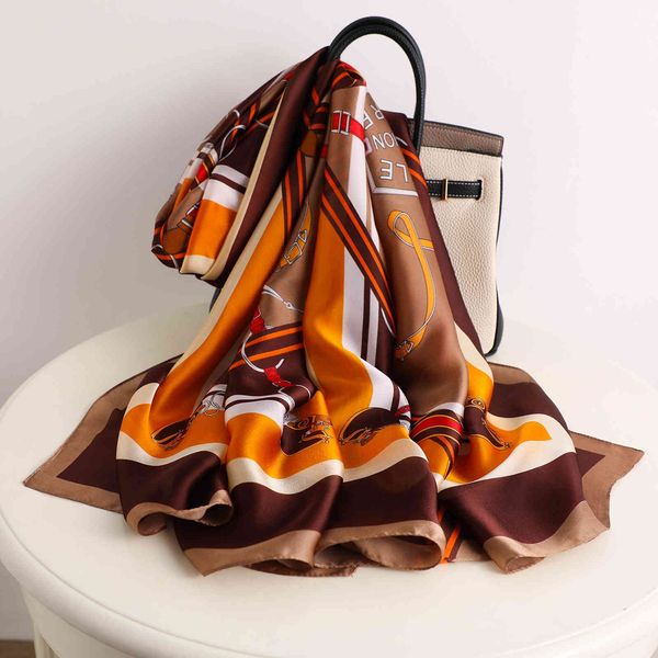 

design versatile scarf women's korean version new printed imitation silk sunscreen decorative satin thin beach towel air conditioning s, Black;purple