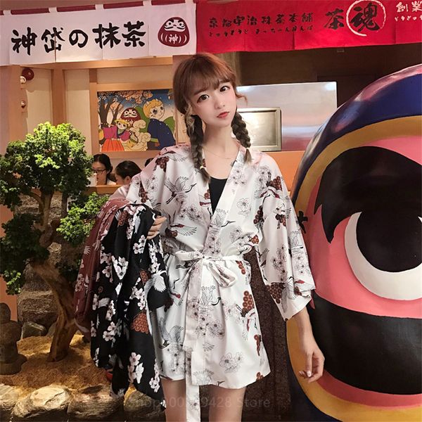 

2021 new japanese women impd kimono summer haori vintage yukata female loose casual harajuku crane printing coat cardigan 9voo, White;black