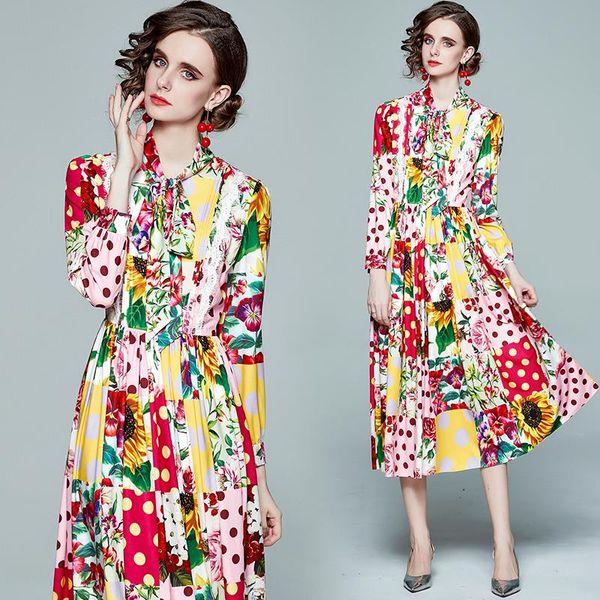 

casual dresses spring summer fall autumn runway vintage print bow scarf tie neck long sleeve women ladies party a-line midi beach dress, Black;gray