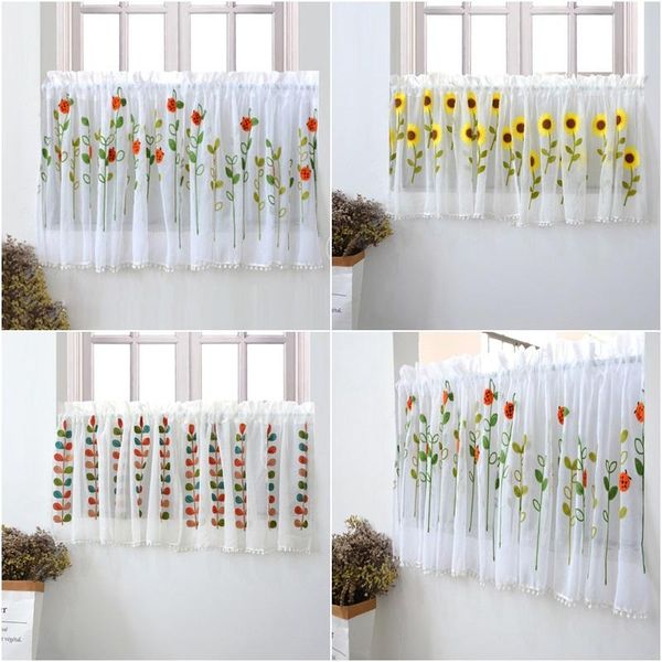 

curtain & drapes 1pc rod pocket short curtains flower embroidered half-curtain for kitchen door cabinet drape cafe tulle window panel sheer