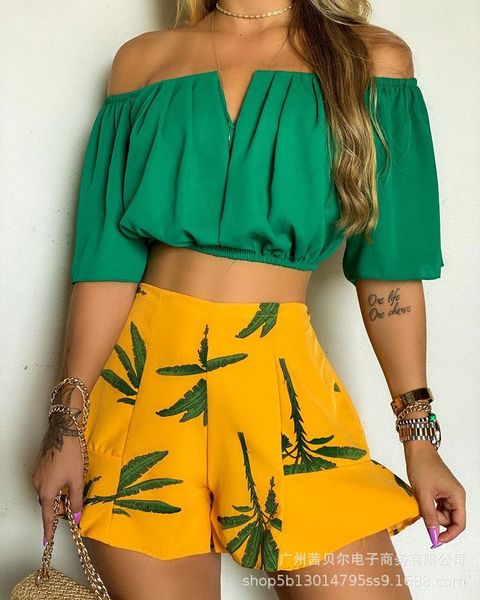 

women's tracksuits 2021 green print and shorts suit, Gray