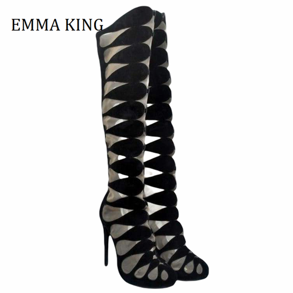 

boots 2021 summer women cut out gladiator sandals stiletto heels suede knee high booties back zip night club shoes, Black