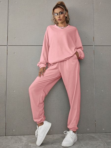 

solid drop shoulder sweatshirt & sweatpants r8xs#, White