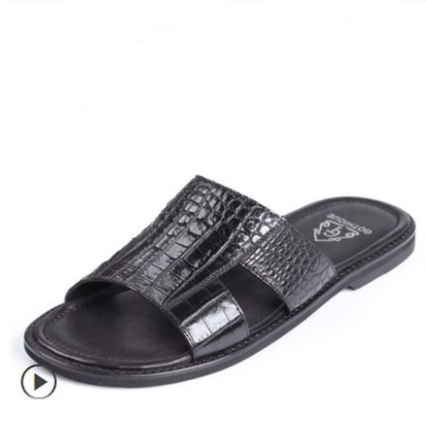 

slippers gete crocodile leather meb genuine leisure sandals male summer flip-flops skin slip, Black