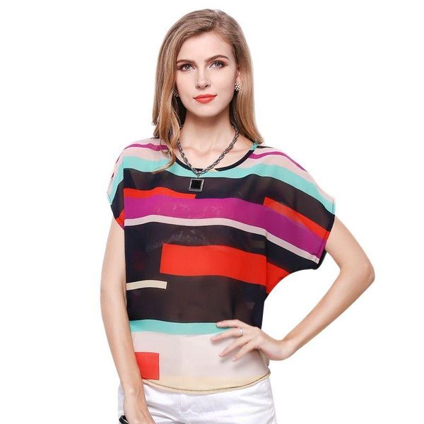 

women's blouses & shirts women fashion striped chiffon blouse multi color print loose short sleeve casual femininas plus size blusas, White