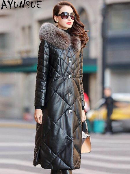 

women's leather & faux genuine jacket women long winter down jackets sheepskin coat female fur collar mujer chaqueta 2, Black