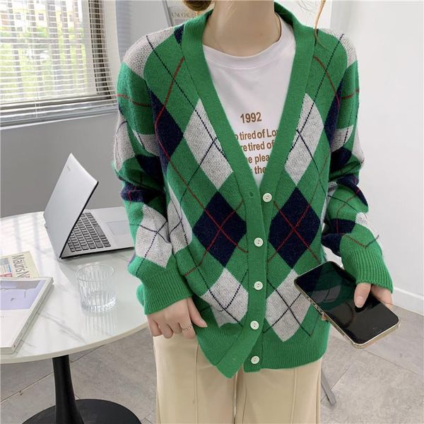 

women's knits & tees tigena contrast argyle women cardigan 2021 autumn winter vintage v-neck botton down knitted loose sweater female c, White