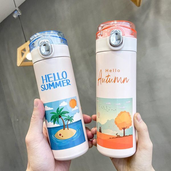 

water bottles 400ml travel style scenery personalized fashion -up pea insulation cup small fresh harajuku lovely sealed portable