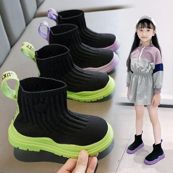 

boots 2021 autumn casual girls children winter kids elasticity socks shoes soft sole sock sneaker non-slip ankle, Black;grey