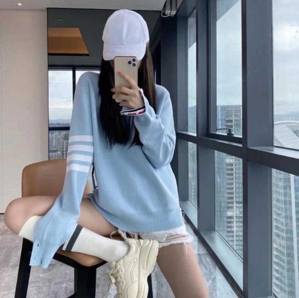

tb stripe crew neck pullover long sleeve knitted college style four bar wool sweater men's and women's bottoms, White