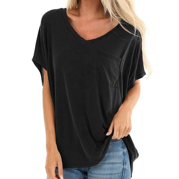 

color ffects fashion women v-neck casual pocket t-shirt basic model wild loose size female top, White