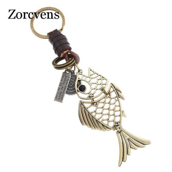 

keychains zorcvens 2021 men's retro creative hollow alloy fish keychain gift punk leather, Silver
