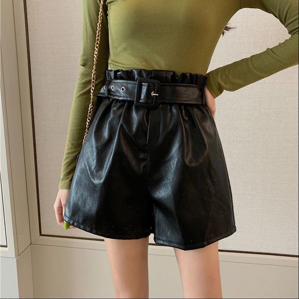 

pu leather high waist women shorts with belt black loose solid bud female shorts 2021 spring apricot casual lady bottoms, White;black