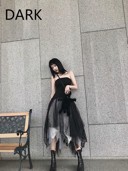 

skirts dark high waist lace stitching multilayer gray yarn skirt chic fairy, Black