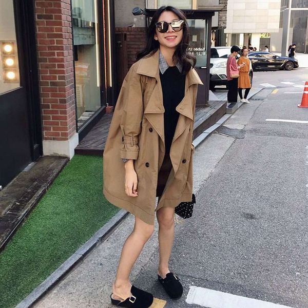 

windbreaker women's korean version loose medium length temperament british style small coat new early spring 2021, Tan;black