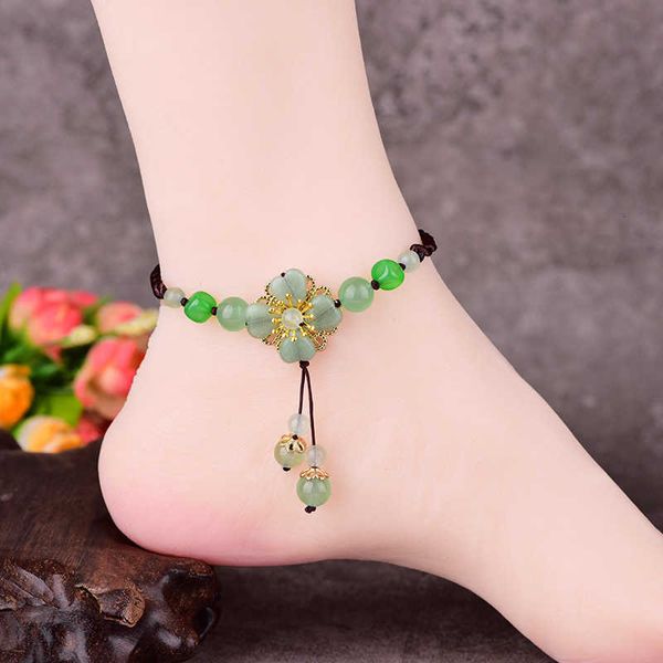 

individual national ancient style dongling jade chain women's hand woven jewelry accsori rope foot ring, Red;blue