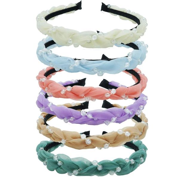 Womengirls için 6 Adet Bantlar Top Bantlar Üst Düğüm Organze Örgü Hairbands Türban Kızlar Bantlar Moda Inci Bandana Elastik Saç Hoops