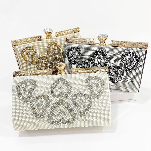 Love Heart Pattern Pearl Beaded Clutch Purses And Handbags Women Luxury Party Evening Bag Gold Metal Shoulder Wallet Sac