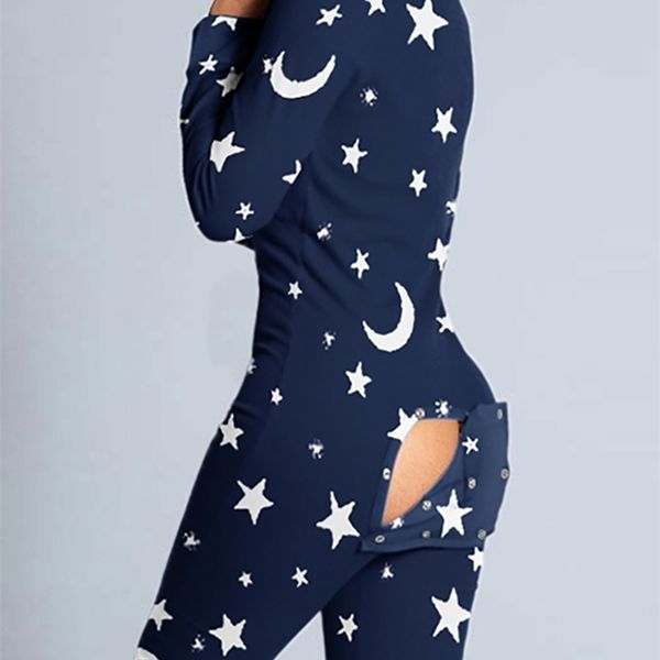 

women star moon print club plain button design plunge lounge jumpsuit functional buttoned flap adults pajamas, Black;white