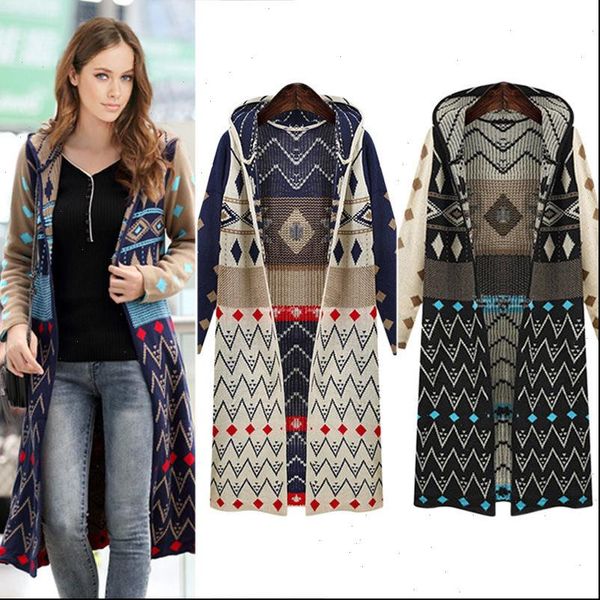 

ladies long knitted cardigan loose casual hooded geometric jacket coat boho sweater ing, White;black