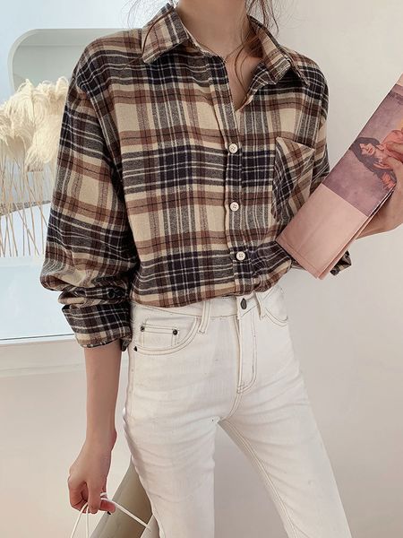 

2021 new spring long sleeve blouses chic plaid shirts women autumn casual femme shirt et1y, White;black