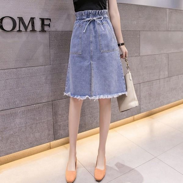

skirts women high waist denim spring summer drawstring harajuku slim a-line skirt ladies solid ripped streetwear female, Black