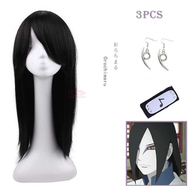 Anime Boruto Charakter Orochimaru Cosplay Perücke Lange Schwarz Schmuck Stirnband Ohrring Ring Hitzebeständige Faser Haar + Kappe Y0913