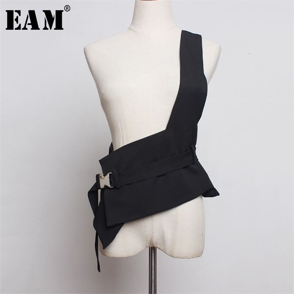 

[eam] women loose fit black asymmetrical split joint bandage vest sleeveless fashion spring autumn 1h975 210909, Black;white