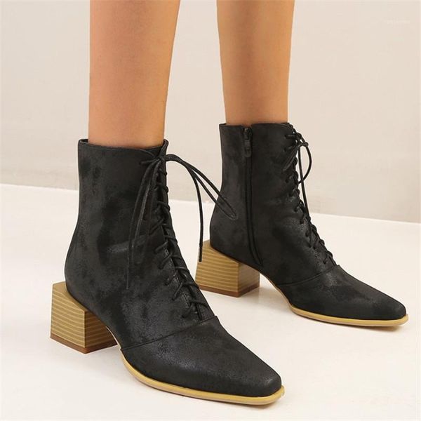 

boots pxelena 2021 winter autumn retro british ankle chunky block high heel square toe motorcycle woman big size 34-45, Black