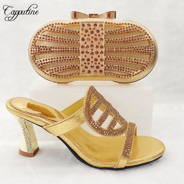 

dress shoes gold color slipper woman and bag set italian desgin heels for evening party tx-875, Black
