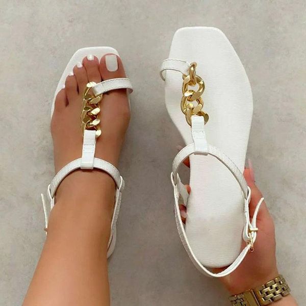 

sandals rimocy roman style clip toe flat women fashion metal chain t-strap gladiator woman 2021 summer beach flip flops, Black