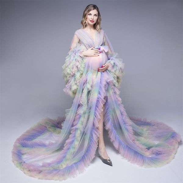 Real Photo Увидеть Thru вечернее платье оборками радуги цветные крышки рукава беременные женщины сексуальные выпускные платья родильное белье ночная одежда