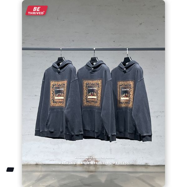 

be menswear | 2021 autumn new jus print used terry sweater high street fashion hoodie, Black