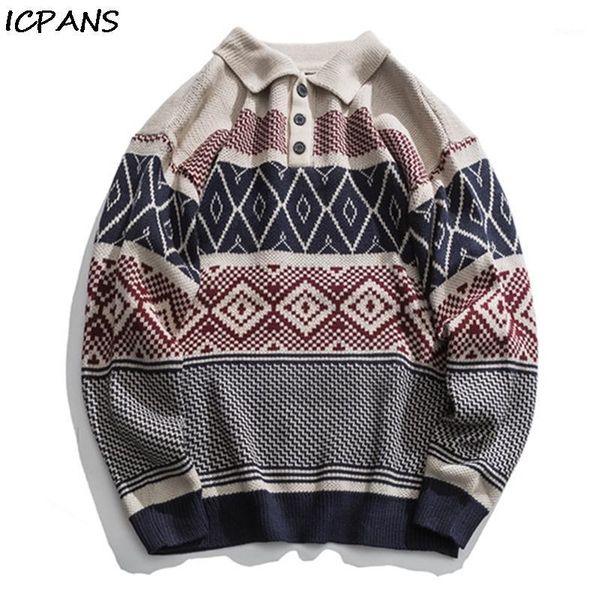 

icpans plaid pullover knitting sweater men 2019 hip hop embroidery crewneck knitwear sweaters streetwear japanese style1, White;black