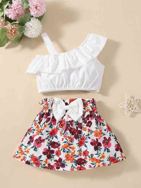 

baby asymmetrical neck ruffle trim & floral print paperbag waist skirt she, Blue