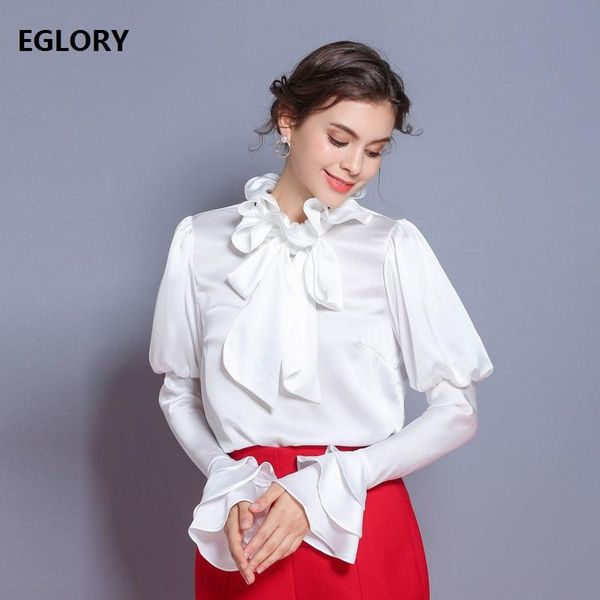 

women's blouses & shirts fashion designer blouse shirt 2021 autumn winter party women ruffled collar lantern sleeve white yellow blusa