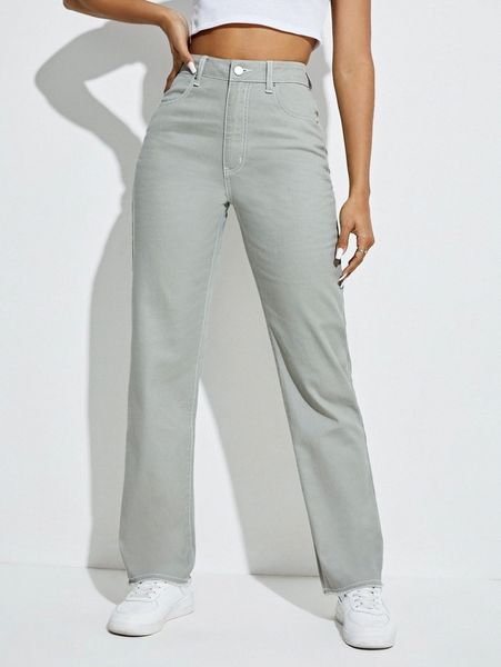 

solid raw hem straight leg pants p74y#, Black;white