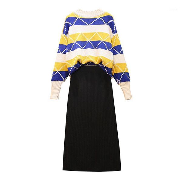 

two piece dress turtleneck stripe pullover sweater korean fashion comfortable sweaters knitted skirts two-piece outfit clothing set knitwear, White