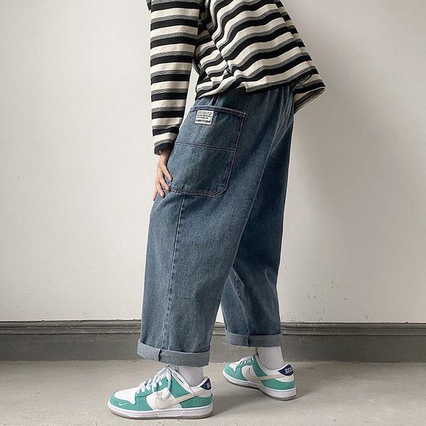 

men's jeans pocket label 2021 summer ins loose casual pants cool fashion k484-p42, Blue