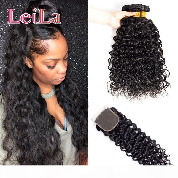 

mongolian 4x4 lace closure with 3 bundles water wave human hair extenisons 95-100g piece water wave hair wefts with closure baby hair, Black;brown