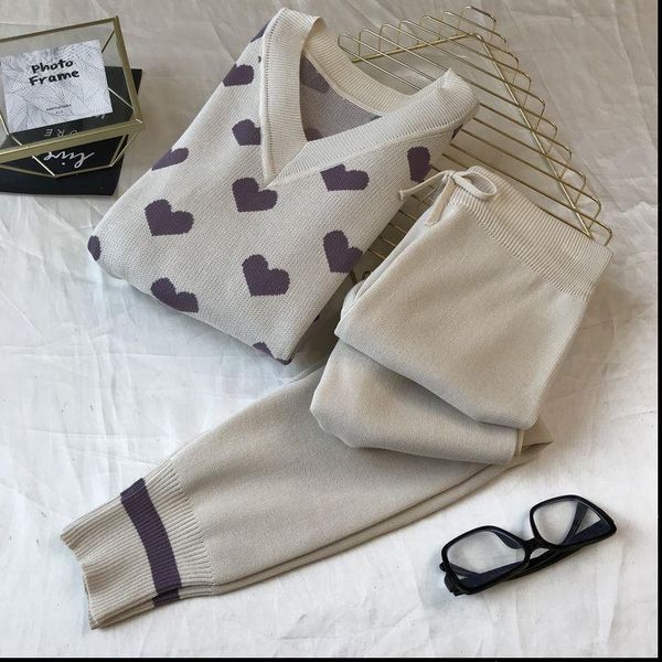 

women v neck heart jacquard knit jumper sweaters pants suit knitting trousers tracksuits, Gray
